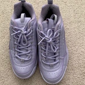 Lavender purple patent leather fila disrupters